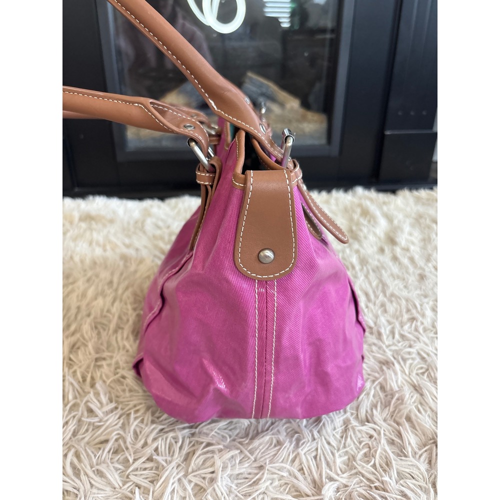 Vintage Boden Pink Canvas Tote Bag Bucket Purse with Brown Leather Trim - Picture 4 of 11